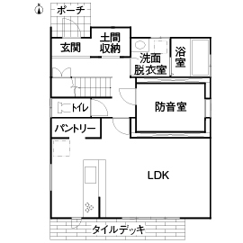 熊澤工務店 【総額2500万円台×35坪｜間取り図有】プロの演奏家が安心して練習できる防音室のある家の間取り図（３LDK＋防音室）1階
