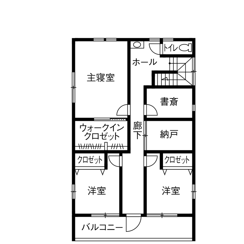 熊澤工務店 【総額3000万円未満×44.3坪｜間取り図有】いつまでも飽きのこない、大人シンプルが活きる和モダンの家の間取り図（4LDK+納戸+書斎）2階