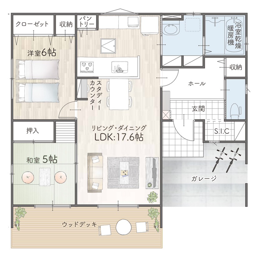 いい感じの平屋IKI 【平屋/1,380万円】標準の太陽光システムで光熱費を抑え、心地よい暮らしを実現できるガレージ付2LDKの間取り図（2LDK）1階