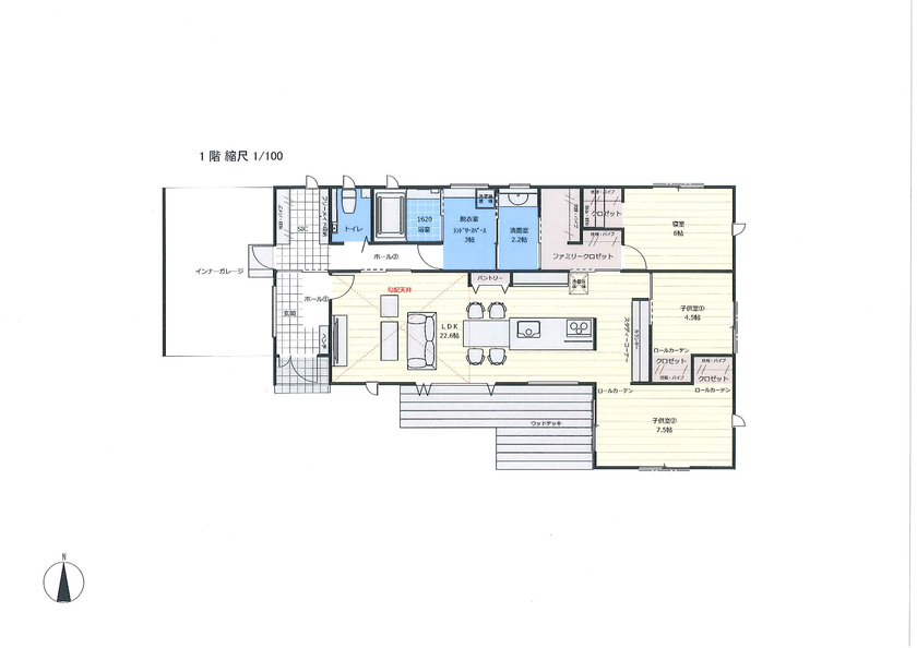 ホーエーホーム（久留米・柳川） 【ガレージ】【平屋】【ガルバ外壁】の間取り図（3LDK+ガレージ）1階