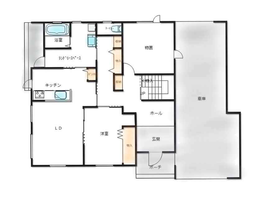 カネトシ工務店 【札幌市/ビルトインガレージ/収納充実/間取り図有】家事動線と自然素材で快適な暮らしが叶う二世帯住宅の間取り図（4LDK）1階