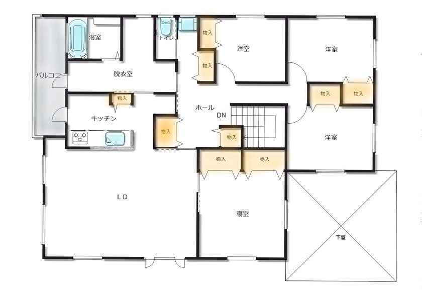 カネトシ工務店 【札幌市/ビルトインガレージ/収納充実/間取り図有】家事動線と自然素材で快適な暮らしが叶う二世帯住宅の間取り図（4LDK）2階