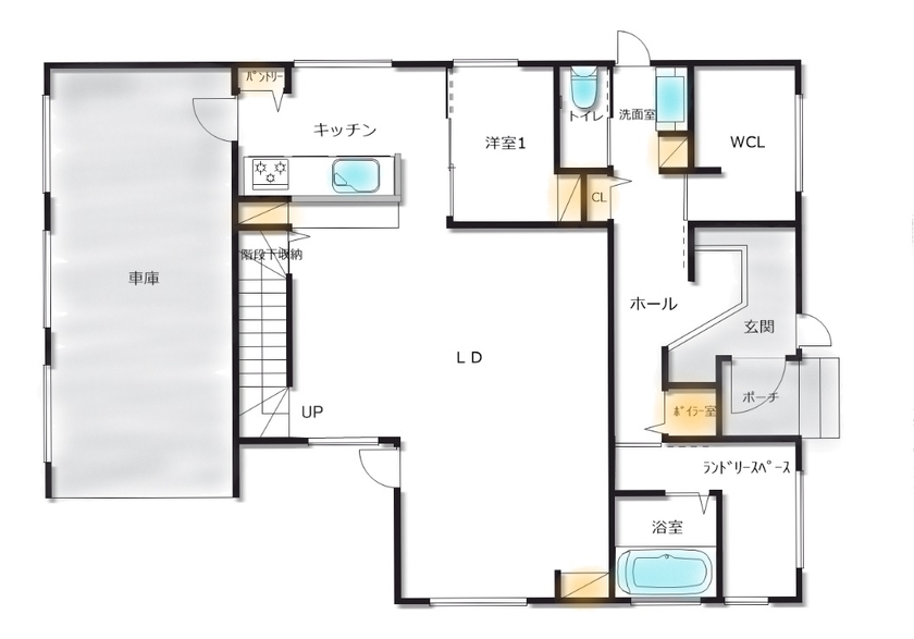 カネトシ工務店 【札幌市/2000万円台/4LDK/間取り図有】収納充実×ビルトインガレージ×ホテルライクな家の間取り図（4LDK）1階