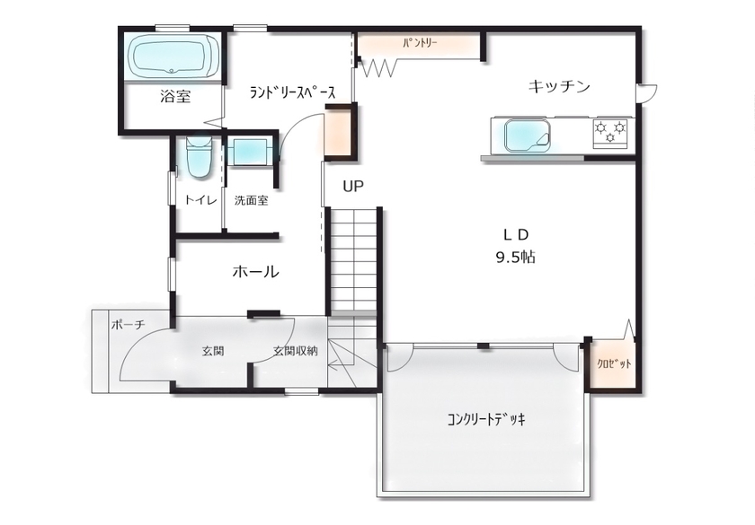 カネトシ工務店 【札幌市/2000万円台/吹き抜け/間取り図有】大開口＆リビング階段の開放感あふれるLDKのある住まいの間取り図（3LDK）1階