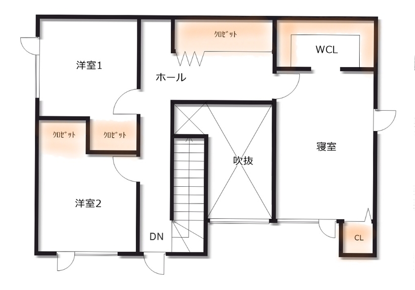 カネトシ工務店 【札幌市/2000万円台/吹き抜け/間取り図有】大開口＆リビング階段の開放感あふれるLDKのある住まいの間取り図（3LDK）2階