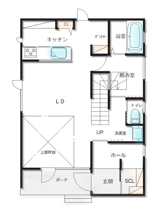 カネトシ工務店 【札幌市/2000万円台/床暖房/吹き抜け】シンプルモダンな内観。高断熱・高気密によってエアコン1台で快適にの間取り図（2LDK+1SR+1LDK+2SR）1階
