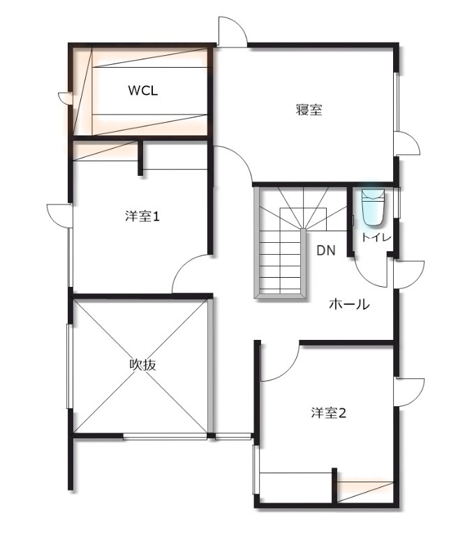 カネトシ工務店 【札幌市/2000万円台/床暖房/吹き抜け】シンプルモダンな内観。高断熱・高気密によってエアコン1台で快適にの間取り図（2LDK+1SR+1LDK+2SR）2階