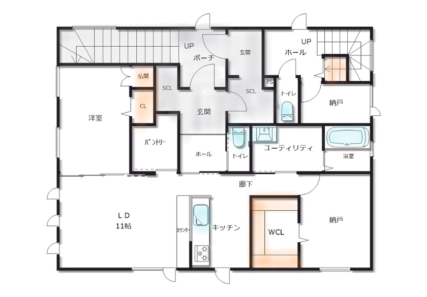 カネトシ工務店 【札幌市/二世帯住宅/家事スペース/収納充実】こだわりを詰め込んだ3階建の二世帯住宅×ビルトインガレージの間取り図（2LDK+1SR+1LDK+2SR）2階