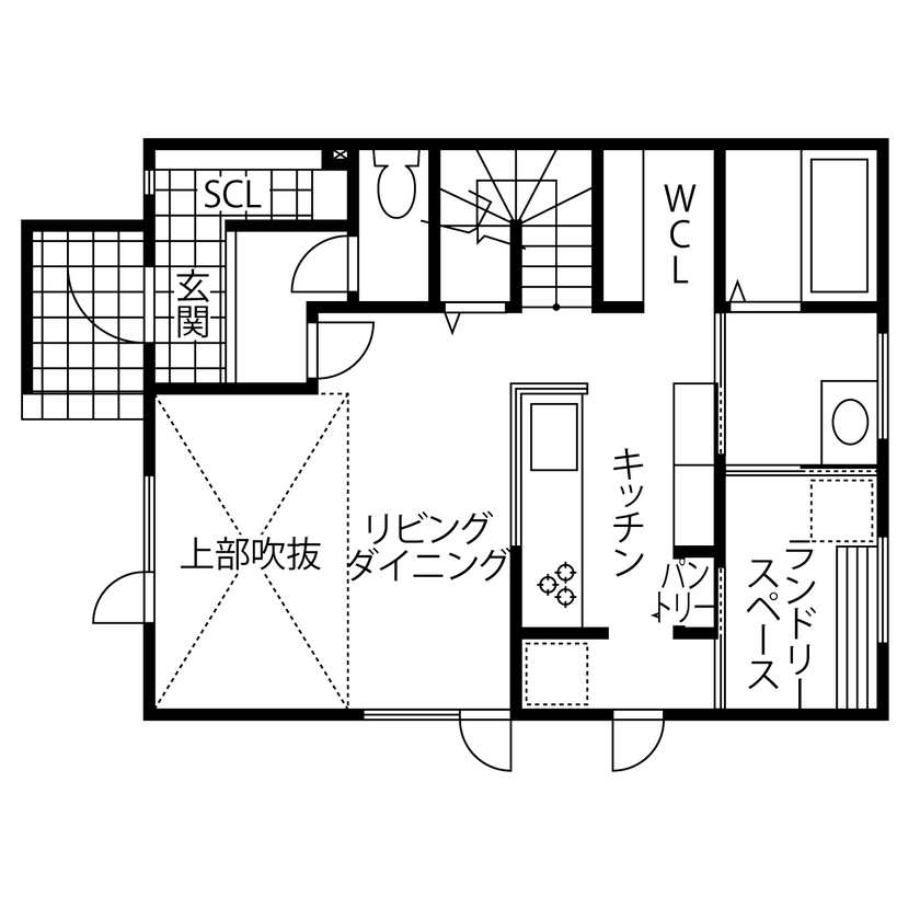 カネトシ工務店 【2097万円/間取図有/ランドリースペース/収納充実】暮らしやすい家事ラク動線。スタイリッシュな吹抜LDの間取り図（3LDK）1階