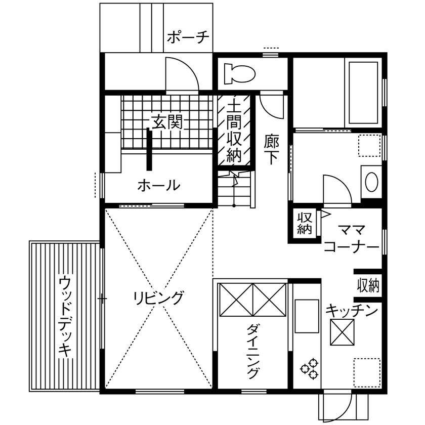 ファンホーム　ツーバイフォー専門 【1692万円・ローコスト２×４住宅】コストをかけなくても、楽しく暮らせる家は出来る…というお手本の間取り図（4LDK）1階
