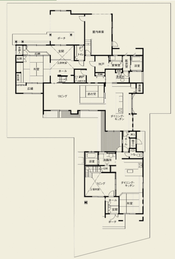 日本ハウスホールディングス 親と子の絆を、個性の異なる生活空間で結んだ二世帯住宅の間取り図（5K以上）1階