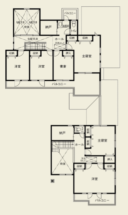日本ハウスホールディングス 親と子の絆を、個性の異なる生活空間で結んだ二世帯住宅の間取り図（5K以上）2階