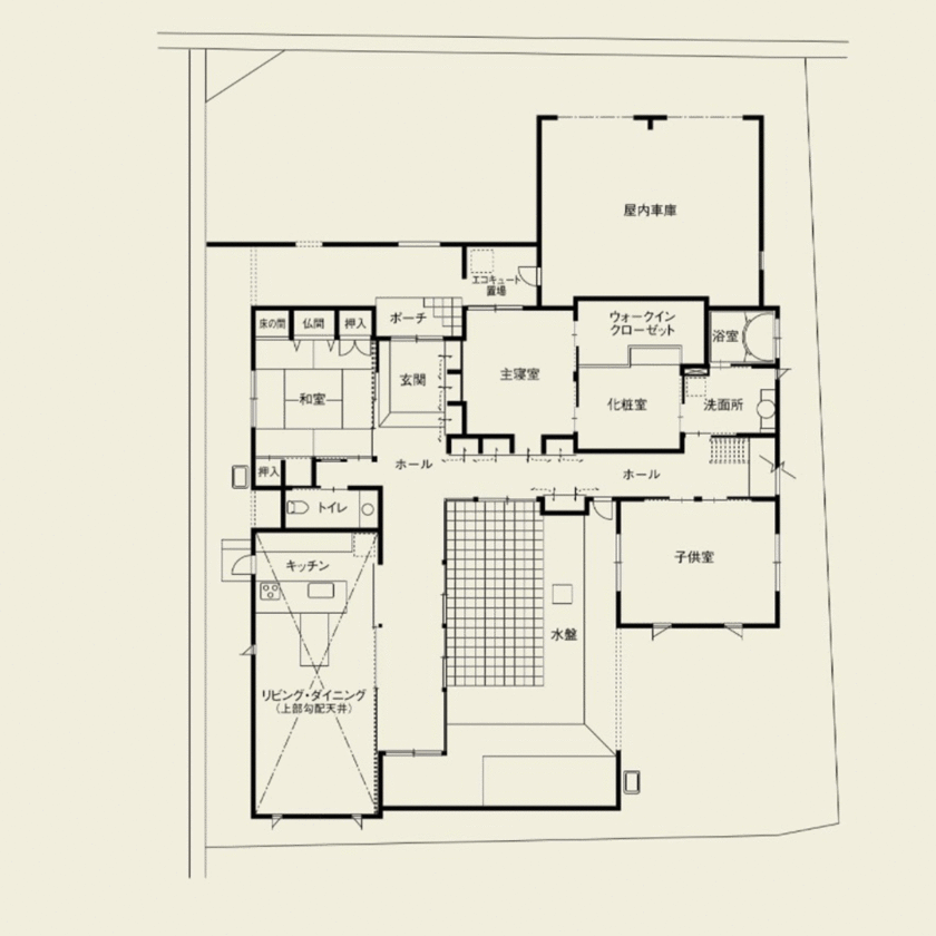日本ハウスホールディングス ダイナミックな吹き抜けの大空間とリゾートホテル風の中庭を。隠れ家のような趣を演出したモダン和風の家の間取り図（3LDK）1階