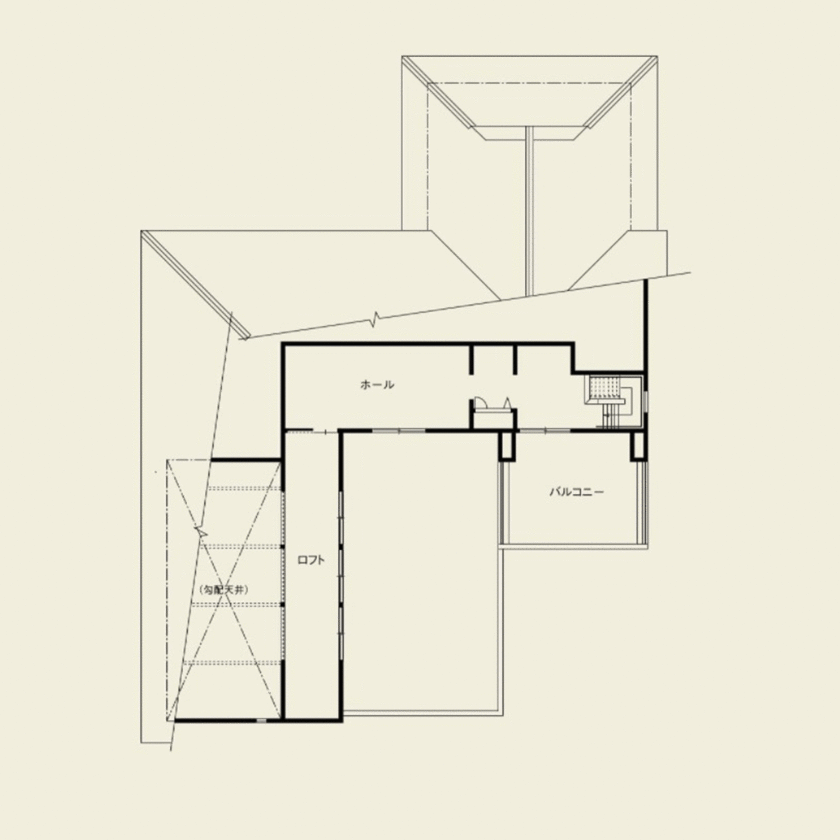 日本ハウスホールディングス ダイナミックな吹き抜けの大空間とリゾートホテル風の中庭を。隠れ家のような趣を演出したモダン和風の家の間取り図（3LDK）２階