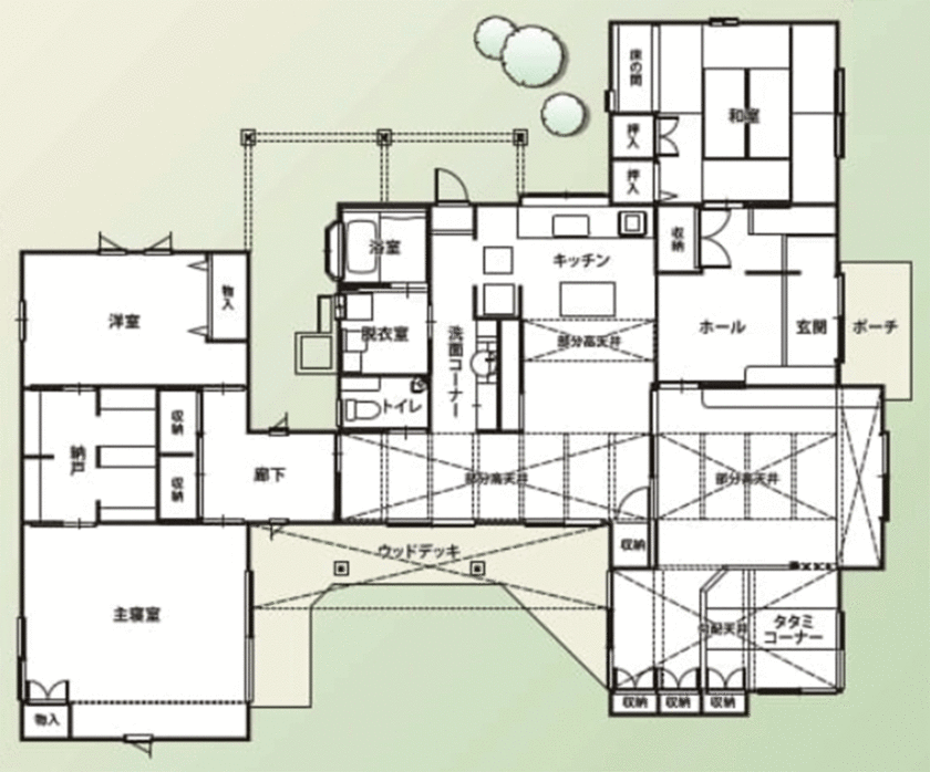 日本ハウスホールディングス 【平屋】自然の光と風、木のぬくもりに満ち溢れた「お庭への愛情と共に暮らす家」の間取り図（4LDK）1階