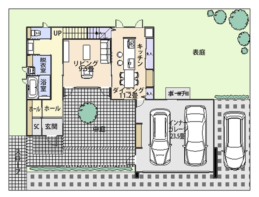 日本ハウスホールディングス 【ガレージ／間取図有】堂々とした平屋を思わせる佇まい。外に閉じて内に開く設計で休日は趣味を満喫！の間取り図（3LDK）1階