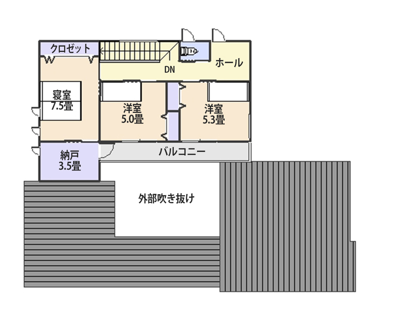 日本ハウスホールディングス 【ガレージ／間取図有】堂々とした平屋を思わせる佇まい。外に閉じて内に開く設計で休日は趣味を満喫！の間取り図（3LDK）2階