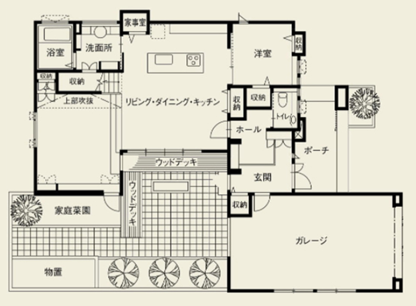 日本ハウスホールディングス 【ウッドデッキ／間取図有】周囲を気にせず、ゆったり楽しめるプライベート感溢れる中庭のある家の間取り図（4LDK）1階
