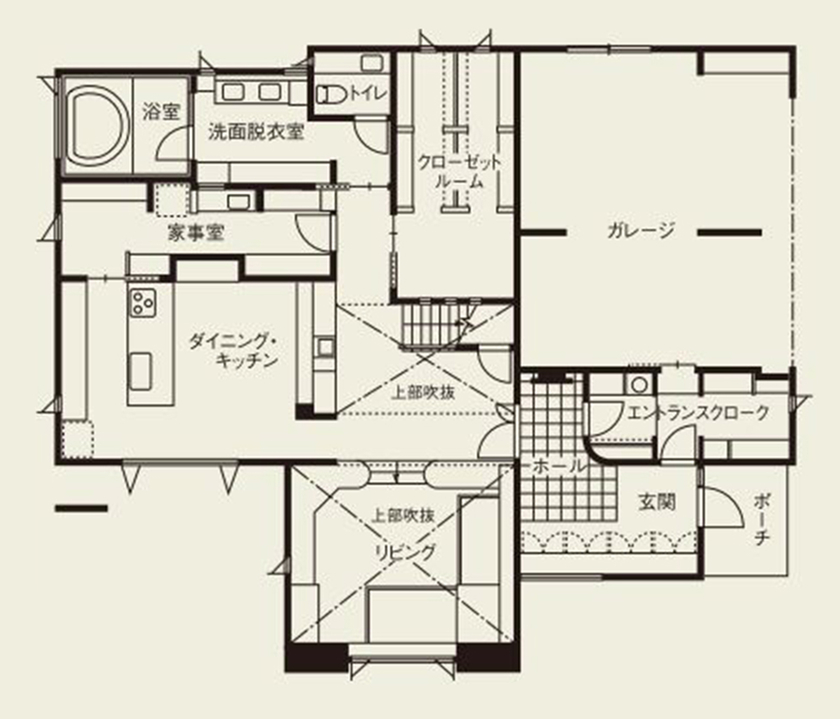 日本ハウスホールディングス 【スキップフロア／間取図有】多彩な空間が立体的に配され、迷路のようなワクワク感を生み出す家の間取り図（3LDK）1階