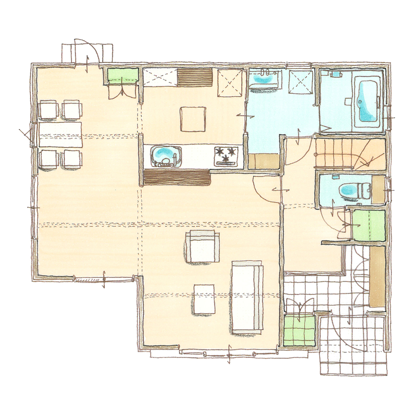 太陽ハウジング 【刈谷市/2000万円台/間取り図】開放LDKと回遊動線で叶えたブルックリンスタイルの家の間取り図（3LDK）1階