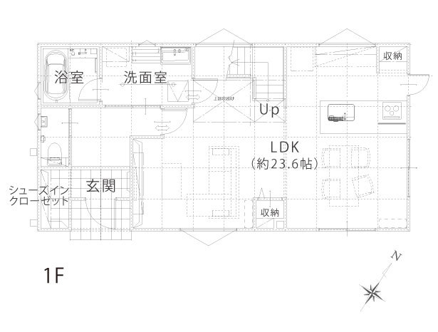 太陽ハウジング 黒ガルバのキューブデザイン　吹抜けとウッドデッキがつながる家の間取り図（3LDK）１階