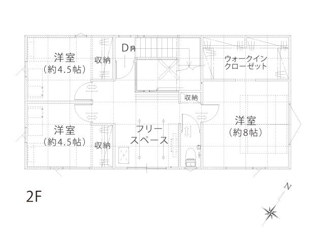 太陽ハウジング 黒ガルバのキューブデザイン　吹抜けとウッドデッキがつながる家の間取り図（3LDK）２階