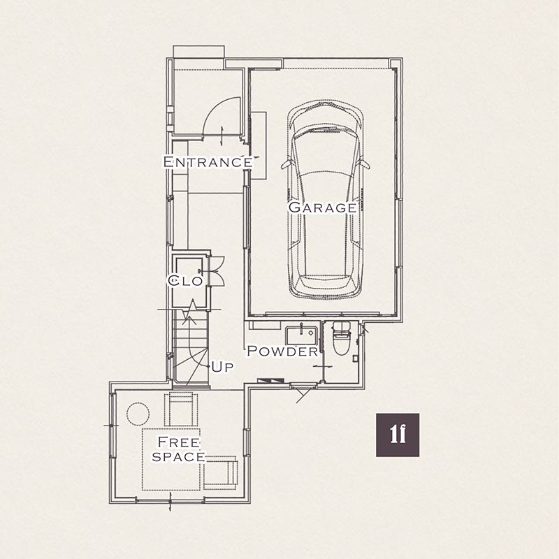 太陽ハウジング ガレージ×土間×ウッドデッキ　内外一体で遊べる2階リビングの家の間取り図（3LDK）１階