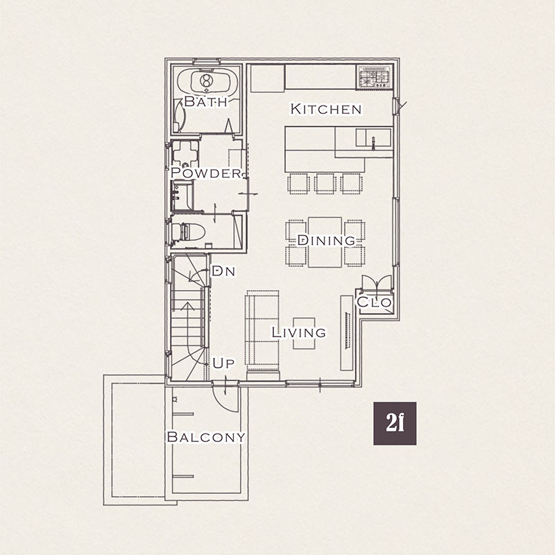 太陽ハウジング ガレージ×土間×ウッドデッキ　内外一体で遊べる2階リビングの家の間取り図（3LDK）２階
