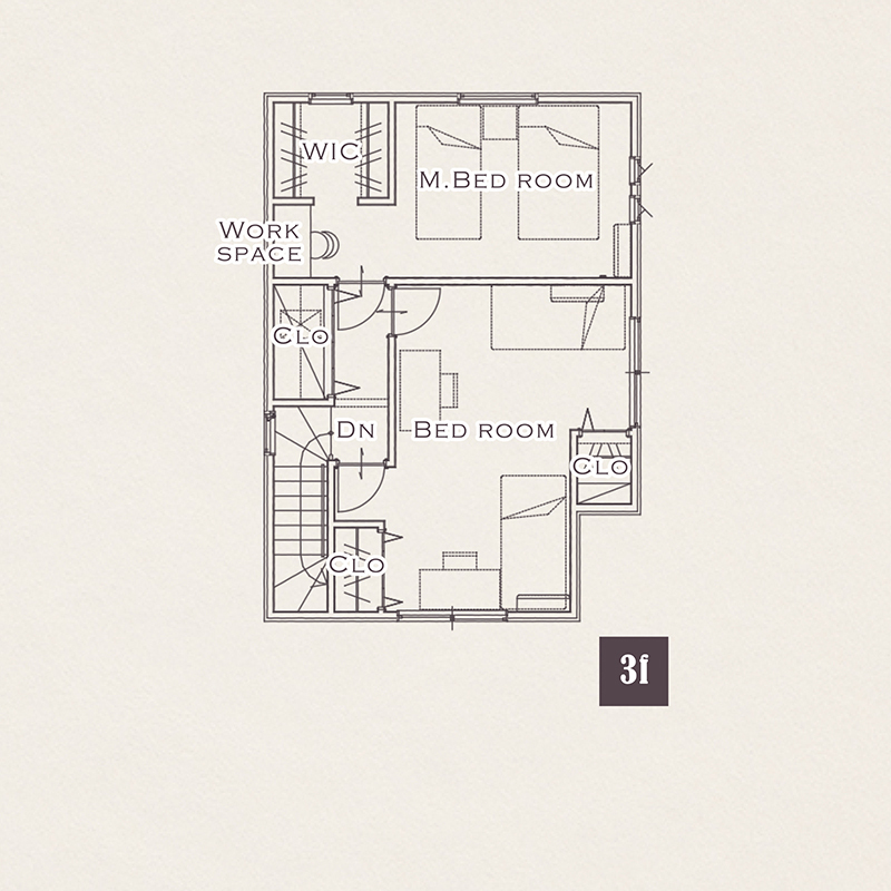太陽ハウジング ガレージ×土間×ウッドデッキ　内外一体で遊べる2階リビングの家の間取り図（3LDK）３階