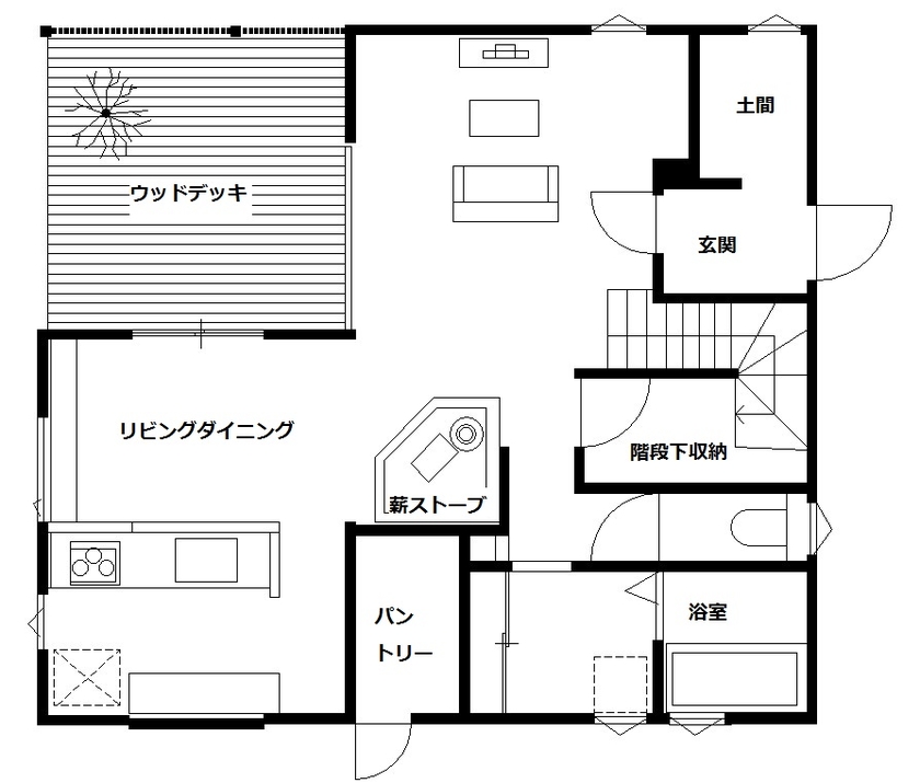 エーセンス建築設計 【2000万円台/31坪/間取り図有】プライベートを守り光や風は通す。外に閉じ内に開くテラスのある家の間取り図（3LDK）1階