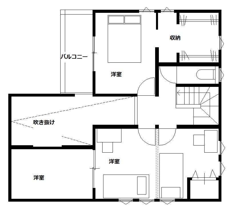 エーセンス建築設計 【2000万円台/31坪/間取り図有】プライベートを守り光や風は通す。外に閉じ内に開くテラスのある家の間取り図（3LDK）2階