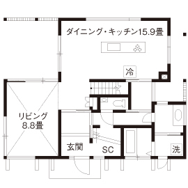 エーセンス建築設計 【2000万円台/36坪/間取り図有】千葉の木をつかった和モダンデザインが美しい中庭を楽しむ家の間取り図（3LDK）1階