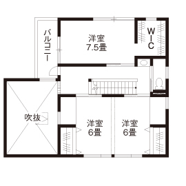 エーセンス建築設計 【2000万円台/36坪/間取り図有】千葉の木をつかった和モダンデザインが美しい中庭を楽しむ家の間取り図（3LDK）2階