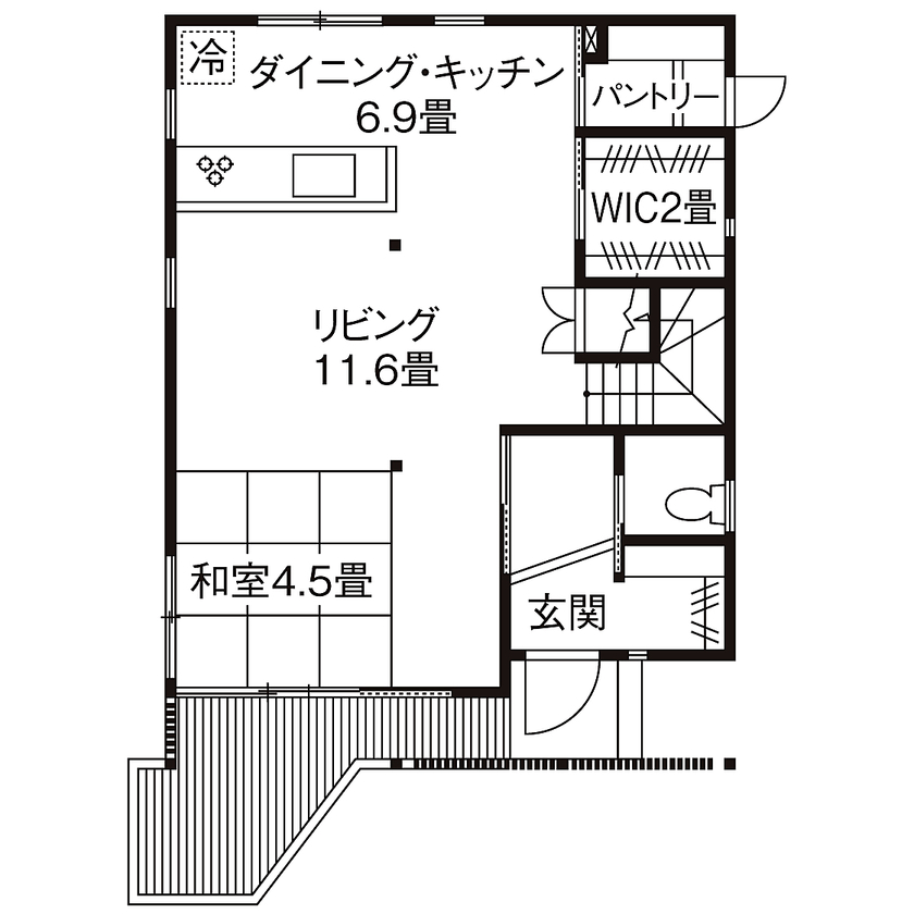 エーセンス建築設計 【1000万円台/30坪/間取り図有】40坪の敷地を有効活用。広びろ暮らすコンパクトな住まいの間取り図（3LDK）１階