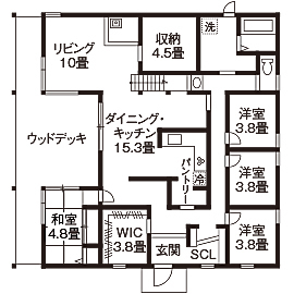 エーセンス建築設計 【2000万円台/39坪/間取り図有】理想の土地を探して、念願の田舎暮らしを実現。自然と共生する平屋の間取り図（4SLDK）1階