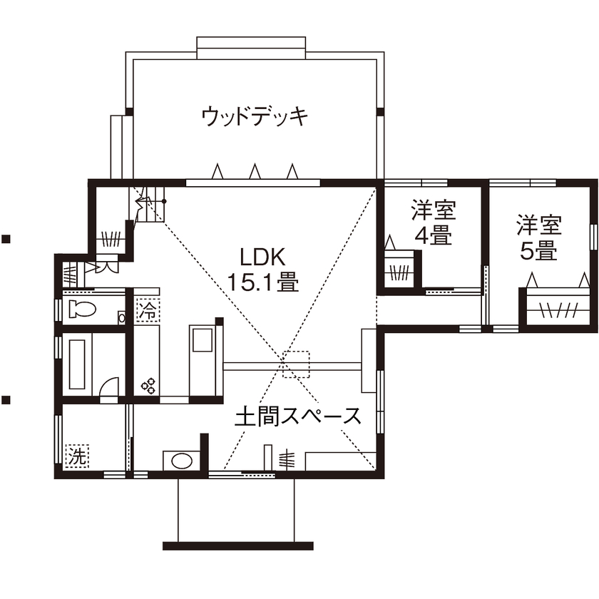 エーセンス建築設計 【2000万円台/29坪/間取り図有】緑の芝生に映える墨色の鎧張り外観。海の近くのサーファーズハウスの間取り図（3LDK）1階