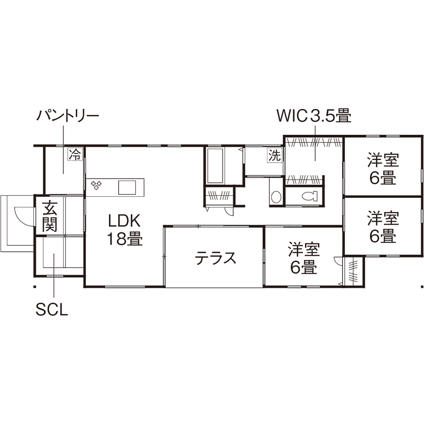 エーセンス建築設計 【2000万円台/30坪/間取り図有】天窓から光が注ぐテラス。動線と収納にこだわった快適な平屋　の間取り図（3LDK＋S）1階