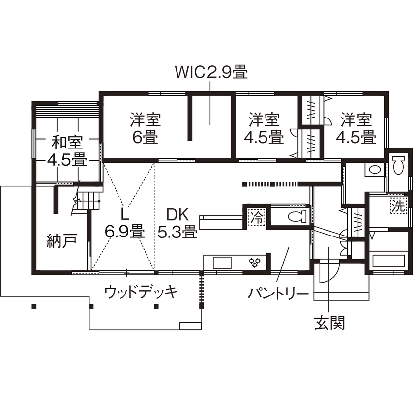 エーセンス建築設計 【2000万円台/35坪/間取り図有】田園風景が広がる高台の敷地。ゆったりした平屋で、のびのび暮らす家の間取り図（4LDK+S）1階