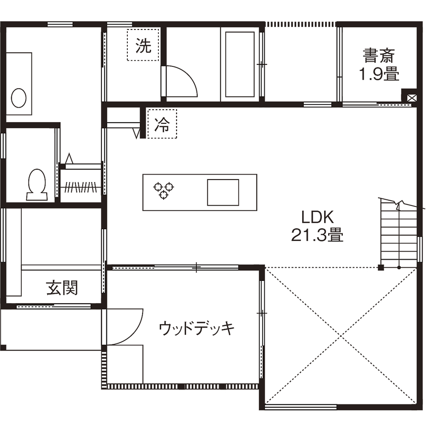 エーセンス建築設計 【2000万円台/28坪/間取り図有】住宅街でも光、風を感じて。大屋根の下に心地よい中庭のあるコンパクトな家の間取り図（1LDK+S）1階