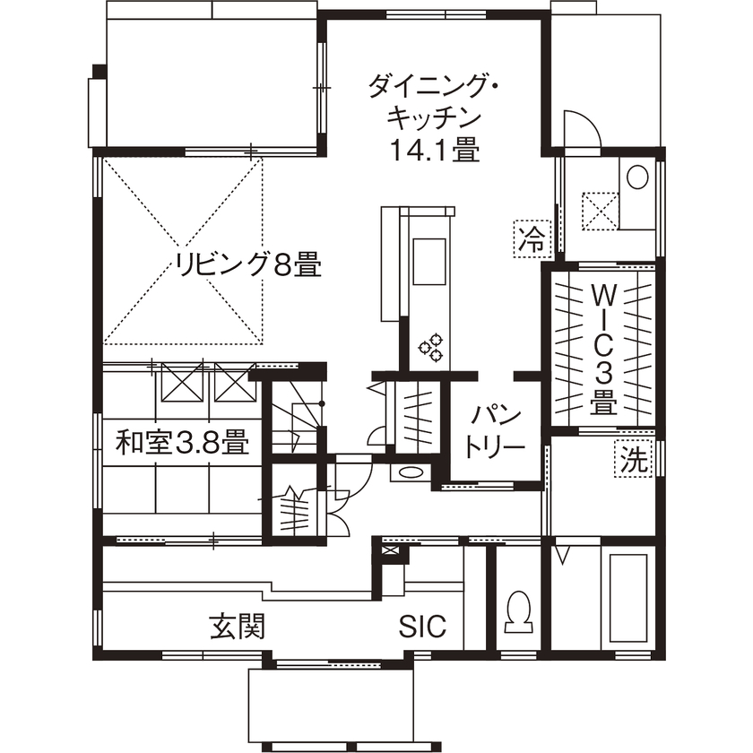 エーセンス建築設計 【41坪/間取り図有】広がりある借景を室内に取り入れて伸びやかに。シンプルで温もりのある通り土間の家の間取り図（4LDK）1階
