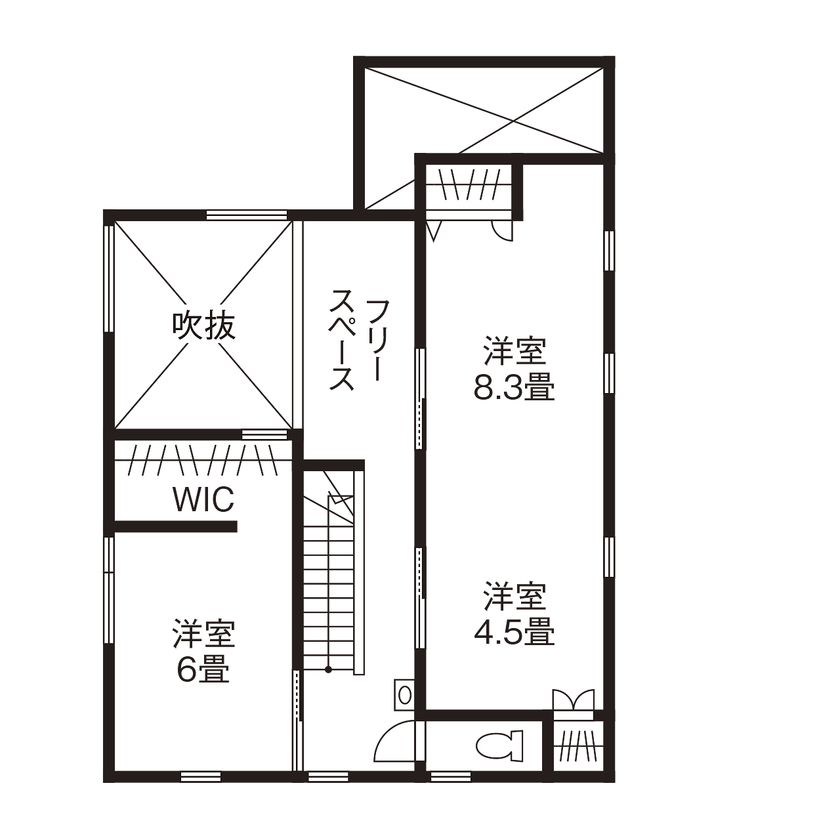 エーセンス建築設計 【41坪/間取り図有】広がりある借景を室内に取り入れて伸びやかに。シンプルで温もりのある通り土間の家の間取り図（4LDK）2階