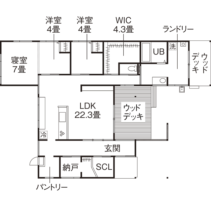 エーセンス建築設計 【2000万円台/約35坪/間取り図有】借景の緑を取り入れ、自然に溶け込む。通り土間のある平屋の間取り図（3LDK＋S）1階