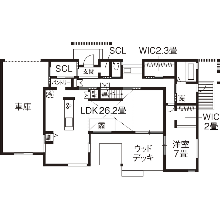 エーセンス建築設計 【3000万円台/50坪/間取り図有】大きな軒のあるウッドデッキが快適。自然に癒されるガレージハウスの間取り図（4LDK＋S）1階