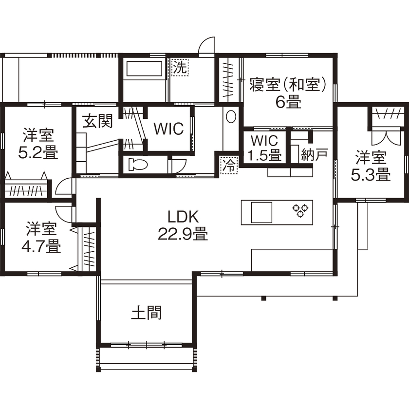 エーセンス建築設計 【デッキ/35坪/間取り図有】大きな軒に広い土間、イグサが香るリビングから桜と緑を望む伸びやかな平屋の間取り図（4LDK）1階