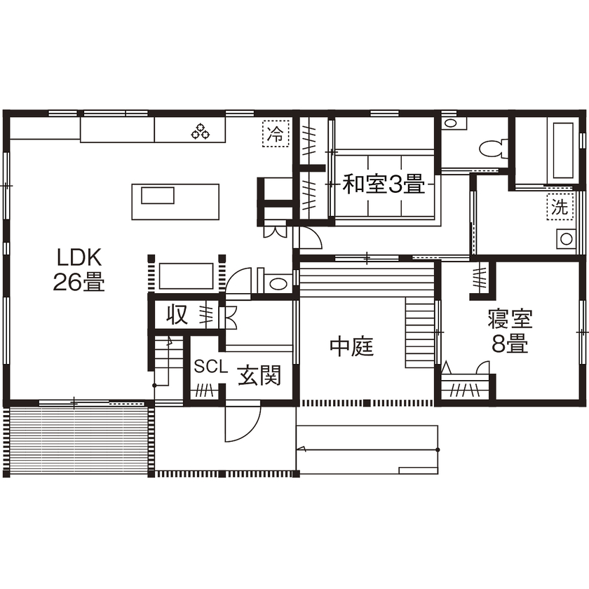 エーセンス建築設計 【平屋/28坪】格子で囲まれた中庭に癒やされる。上質感あふれる和モダンの平屋の間取り図（2LDK＋S）1階