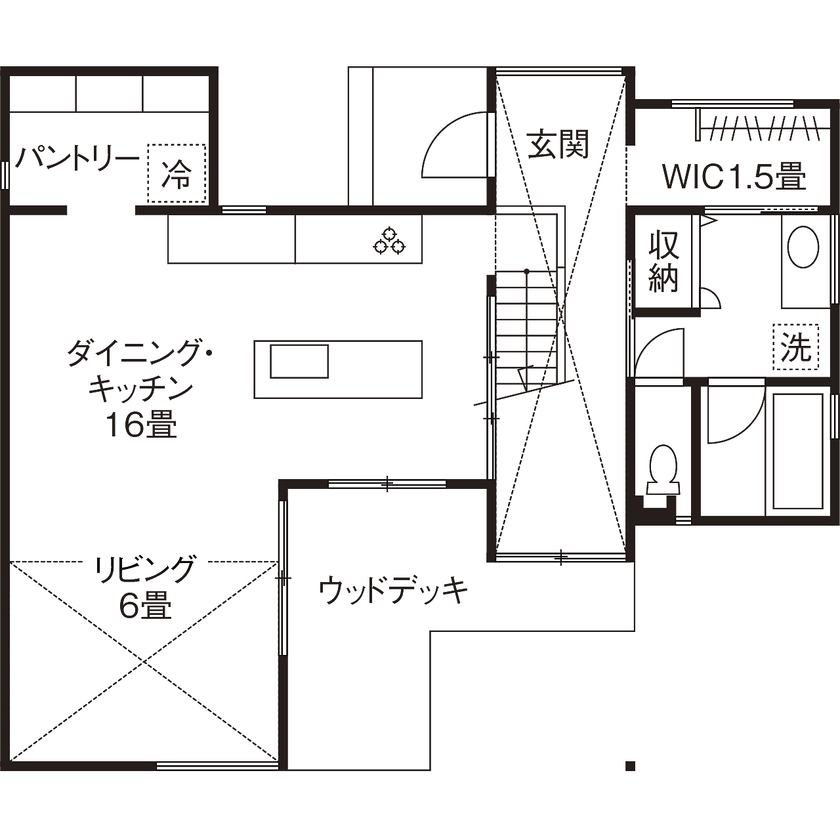 エーセンス建築設計 【ウッドデッキ/土間/約32坪】カッコいいけど尖ってない。中心に通り土間がある自然と一体感を持つ家の間取り図（2LDK＋WIC）1階