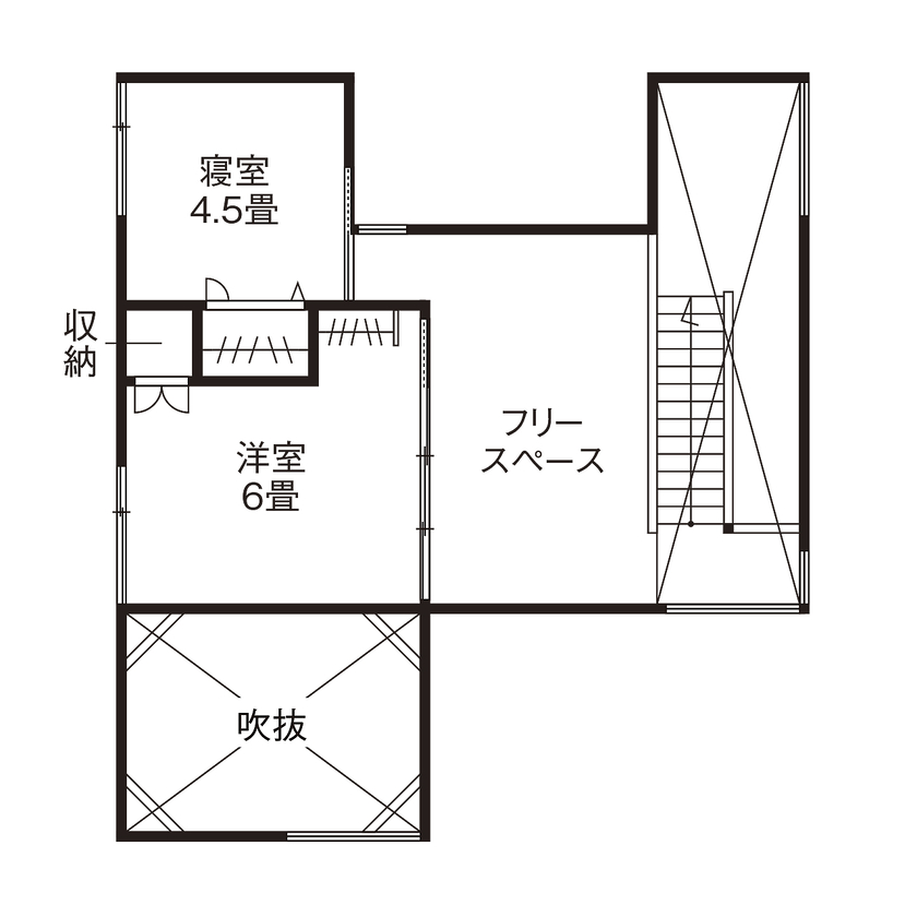 エーセンス建築設計 【ウッドデッキ/土間/約32坪】カッコいいけど尖ってない。中心に通り土間がある自然と一体感を持つ家の間取り図（2LDK＋WIC）2階