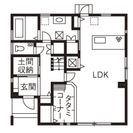 サンクスホーム 【松阪の実例】家事もスムーズ、光熱費もダウン。寛げるカフェ風リビングの家が「1000万円台でできました」の間取り図（3LDK）１階
