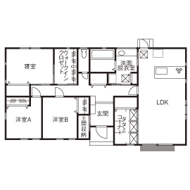 サンクスホーム 【津の事例】シンプルモダンで広々ＬＤＫの平屋。「ムダのない間取りのおかげでお掃除がラクになりました」の間取り図（3LDK）１階