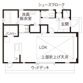 サンクスホーム 【津の実例×1000万円台】モデルハウスを参考にして家事＆子育てがラク♪「散らかりにくいのも嬉しいです」の間取り図（3LDK）１階